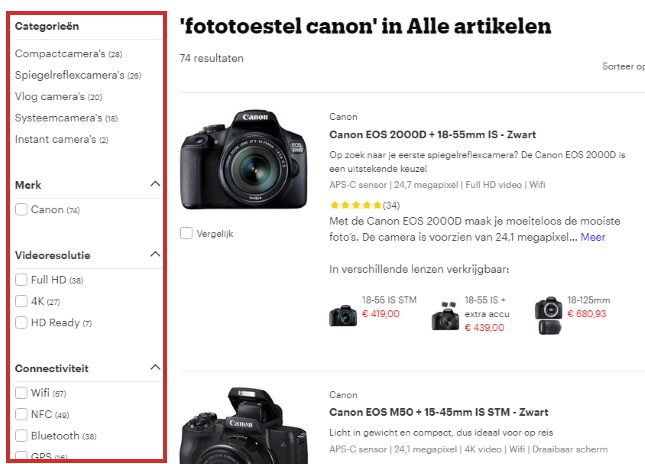 Filters gebruiken op Bol